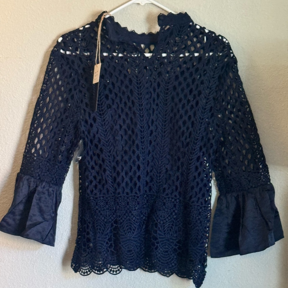 Victorian Boho Dolce Cabo Navy Crochet Blouse Size Medium